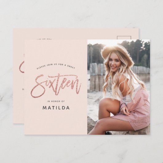 Carte Postale parties scintillant rose en or girly photo douce 1 (Devant / Derrière)