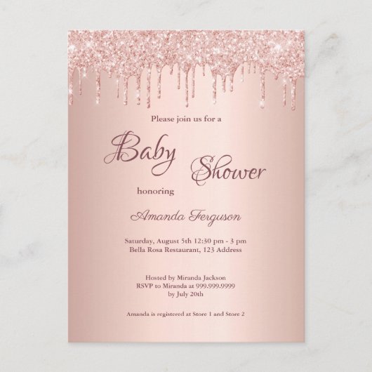 Carte Postale parties scintillant rose or goutte Baby shower ros (Devant)