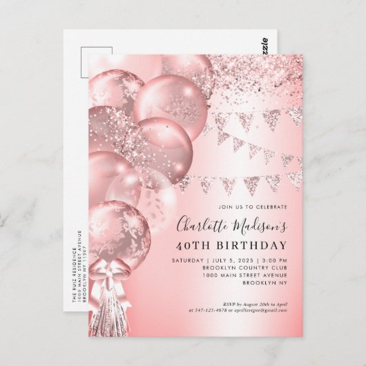 Carte Postale Parties scintillant rose Rose Or Balloon N'importe (Devant / Derrière)