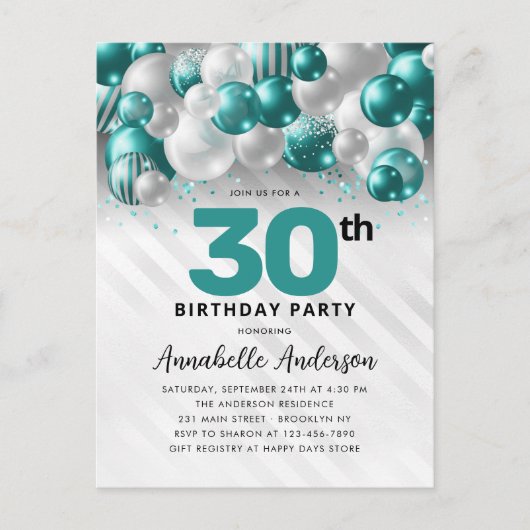 Carte Postale Parties scintillant turquoise de ballons d'argent  (Devant)
