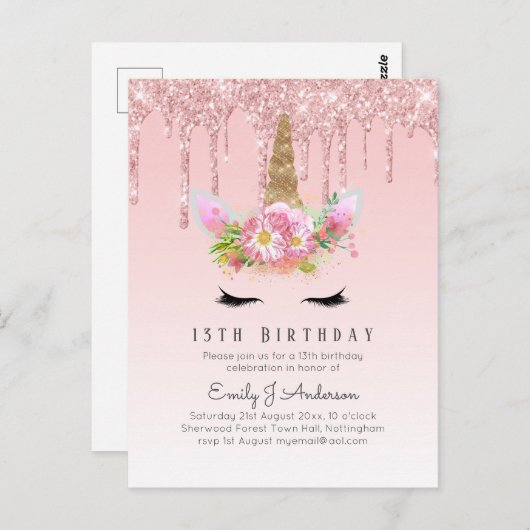 Carte Postale Parties scintillant Unicorn 13e anniversaire Rose (Devant / Derrière)