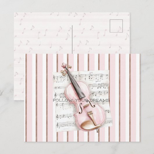 Carte Postale Partition de violon rose (Devant / Derrière)