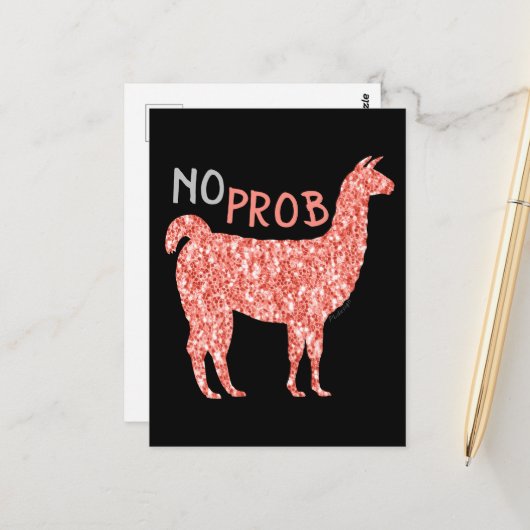 Carte Postale Pas de Prob Llama parties scintillant corail rose  (Devant/Arrière en situation)