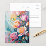 Carte Postale Pastel Floral Moderne Impressionniste Peinture<br><div class="desc">Peinture impressionniste moderne de rose, créée avec des touches texturées aux couleurs pastel douces. Les teintes délicates du rose, de la pêche et du bleu se mélangent harmonieusement, tandis que les couches texturées ajoutent profondeur et dimension à la composition florale. Cette pièce sereine capture la beauté intemporelle des roses dans...</div>