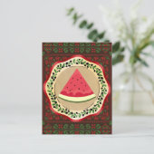 Carte Postale pastèque sur plaque d'olive avec tatreez palestini (Debout devant)