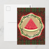 Carte Postale pastèque sur plaque d'olive avec tatreez palestini (Devant / Derrière)