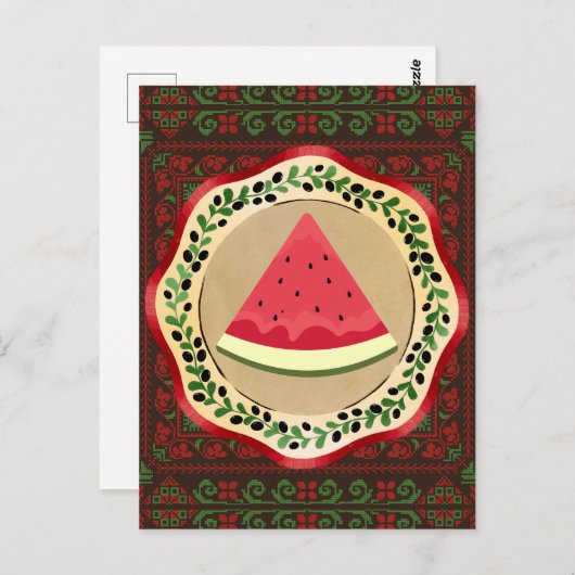 Carte Postale pastèque sur plaque d'olive avec tatreez palestini (Devant / Derrière)