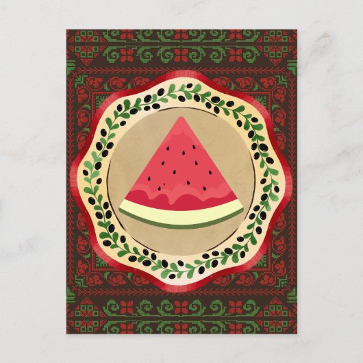 Carte Postale pastèque sur plaque d'olive avec tatreez palestini (Devant)