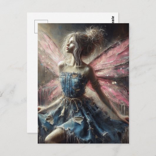Carte Postale Patchwork fée Denim Robe rose ailes (Devant / Derrière)