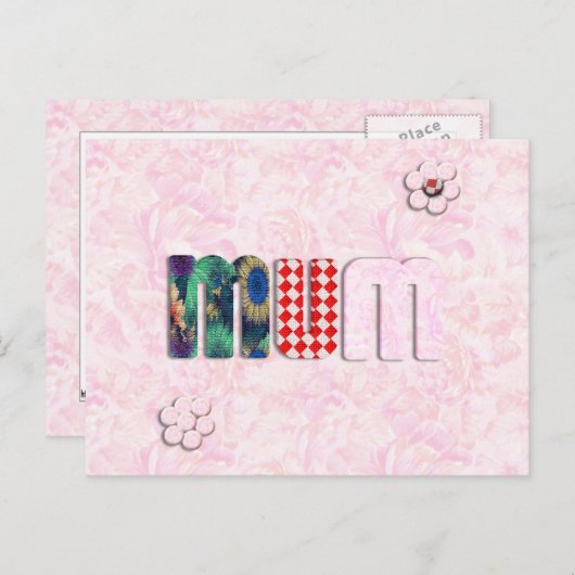Carte Postale Patchwork 'MUM' sur Arrière - plan rose (Devant / Derrière)