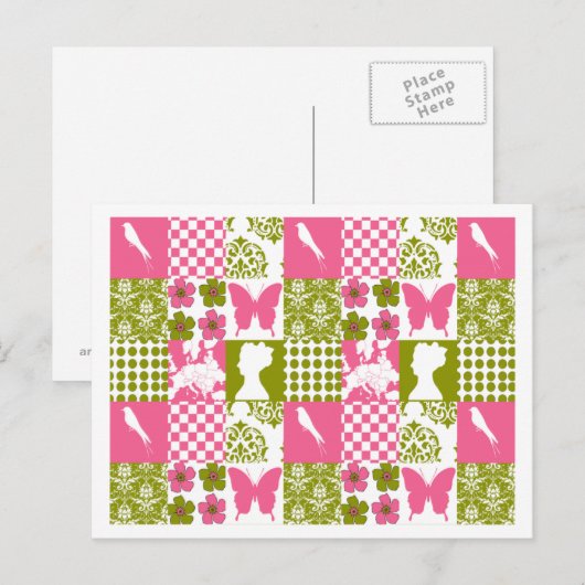 Carte Postale Patchwork rose et vert (Devant / Derrière)