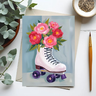 Carte Postale Patins à roulettes Bouquet de roses Peinture