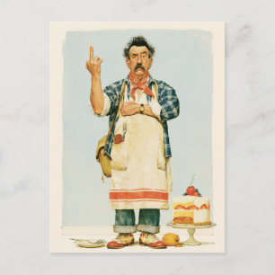 Carte Postale Pâtissier grincheux et gâteau aux fraises