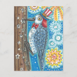 CARTE POSTALE PATRIOTIC REDHEADED WOODPECKER, FIREWORKS POSTCARD