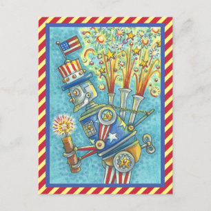 CARTE POSTALE PATRIOTIQUE QUATRIÈME JUILLET FIRWORKS ROBOT POSTC