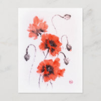Pavot rouge suce encre et aquarelle