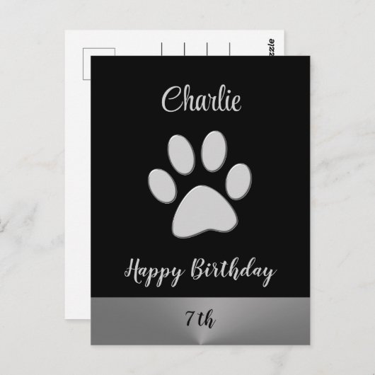 Carte Postale Paw Chien Argent sur arrière - plan noir (Devant / Derrière)