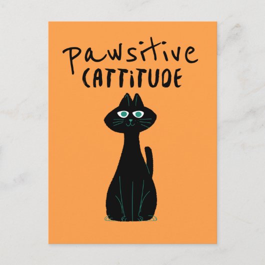 Carte Postale Pawsitive Cattitude mignon Humour chat noir Orange (Devant)