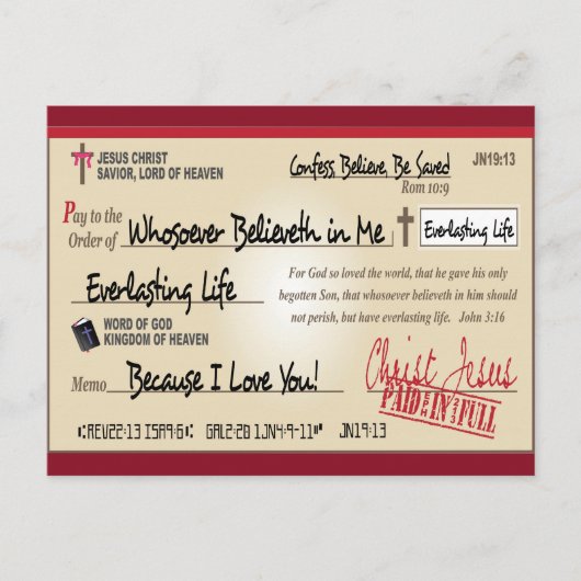 Carte Postale Payé en entier sauvé par Jésus Check Christian (Devant)