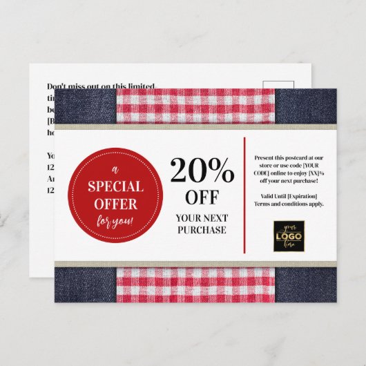 Carte Postale Pays Ouest Denim En vichy Coupon Remise (Devant / Derrière)