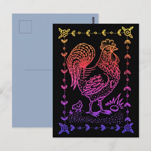 CARTE POSTALE PAYS ROOSTER, OEUFS, POULET & FOLK ART FRONTIÈRE (Devant / Derrière)