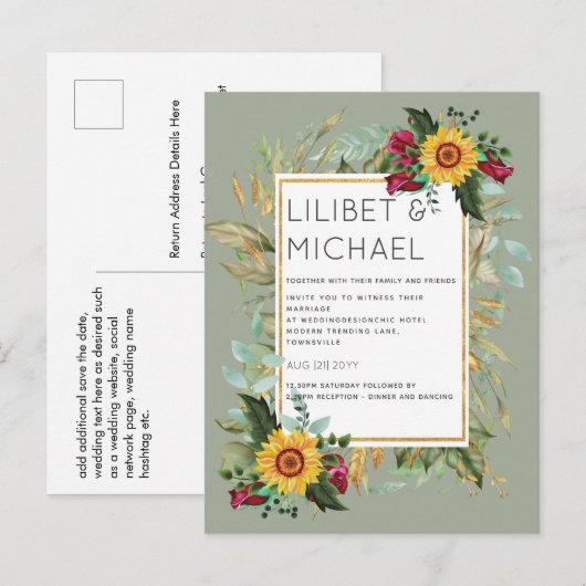 Carte Postale Pays Tournesols Rustiques Bourgogne Mariage Rose (Devant / Derrière)