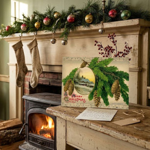 Carte Postale Paysage agricole vintage et cônes de pin de Noël