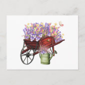 Carte Postale Paysage aquarelle chariot, arrosoir et fleurs (Devant)