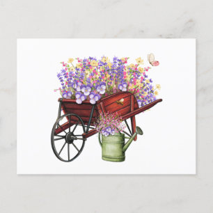 Carte Postale Paysage aquarelle Chariot, Arrosoir & Fleurs