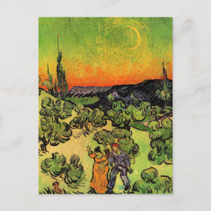 Carte Postale Paysage avec couple marchant, croissant de lune,