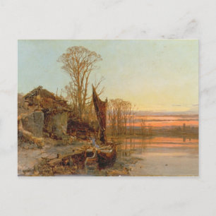 Carte Postale Paysage avec un chalet en ruine au coucher du sole