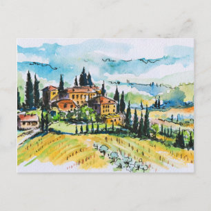 Carte Postale Paysage avec ville et cyprès