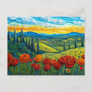 Carte Postale Paysage coloré de colline avec champ de coquelicot