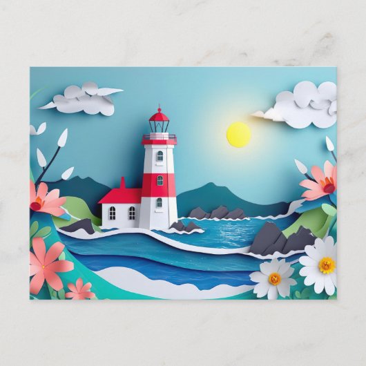 Carte Postale paysage côtier avec un style de coupure de papier (Devant)