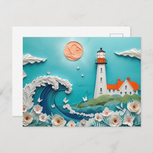 Carte Postale paysage côtier avec un style de coupure de papier  (Devant / Derrière)