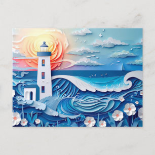 Carte Postale paysage côtier avec un style de coupure de papier 