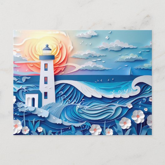 Carte Postale paysage côtier avec un style de coupure de papier (Devant)
