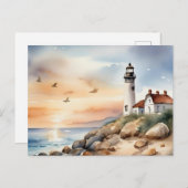 Carte Postale Paysage côtier paisible Phare d'aquarelle (Devant / Derrière)