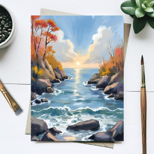 Carte Postale Paysage d'automne de rivière au soleil en aquarell