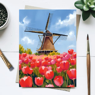 Carte Postale Paysage de champ de tulipes de moulin à vent holla