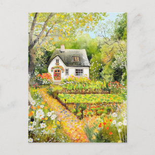 Carte Postale Paysage de jardin de cottage blanc de style aquare