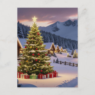 Carte Postale Paysage de lumières de Noël avec neige