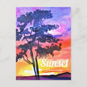 Carte Postale Paysage de rêve au coucher du soleil en aquarelle