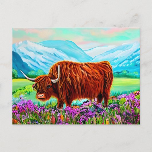 Carte Postale Paysage de vache Highland Peinture (Devant)