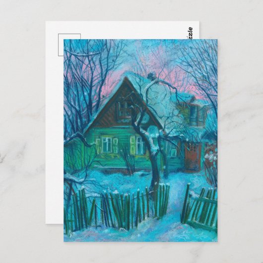 Carte Postale Paysage d'hiver Ancien gîte Maison Pastel Peinture (Devant / Derrière)