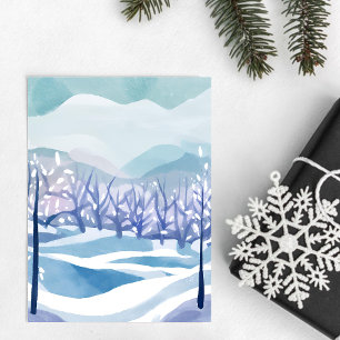 Carte Postale Paysage d'hiver enneigé bleu peinture à l'aquarell