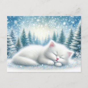 Carte Postale Paysage Festif D'Hiver Avec Chat Blanc Noël