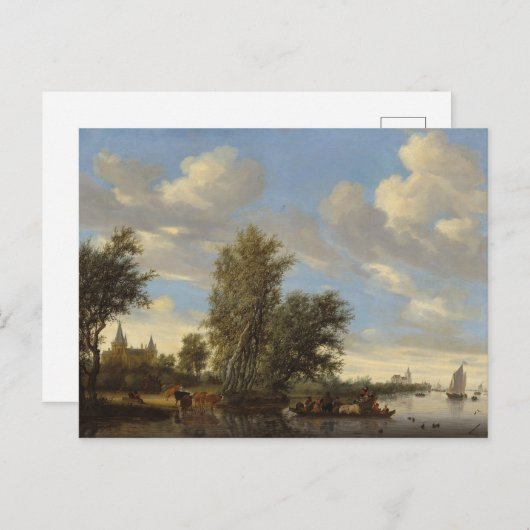 Carte Postale Paysage fluvial avec traversier, 1649 (huile sur t (Devant / Derrière)