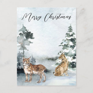 Carte Postale Paysage hivernal Aquarelle Bobcat Lynx Noël