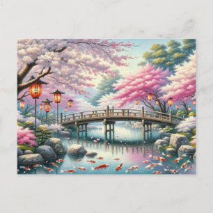 Carte Postale Paysage japonais avec Pont, Koi et Sakura